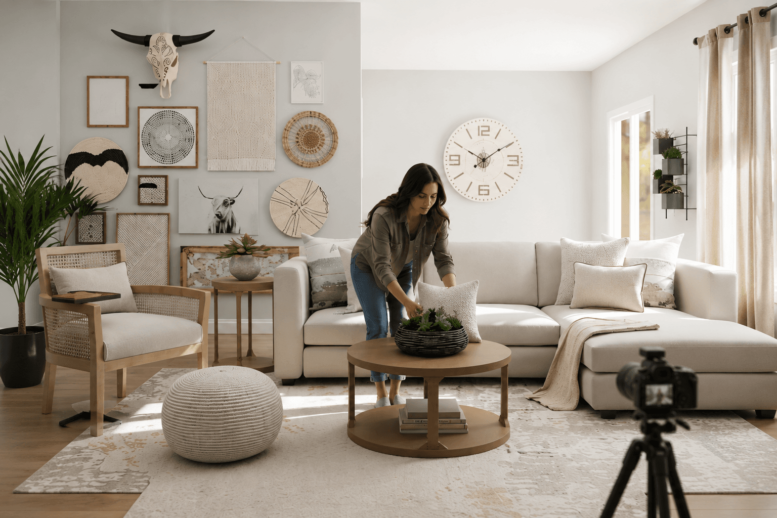 A warm styling vignette: console, mirror, and pouf
